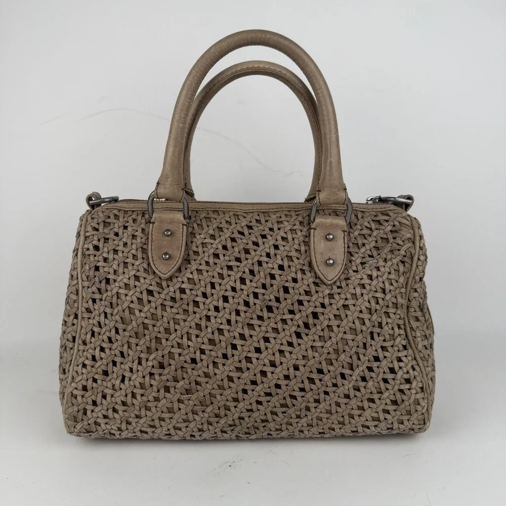Rebecca‎ Minkoff Satchel Bag Womens Taupe Woven Leather Top Handle Handbag